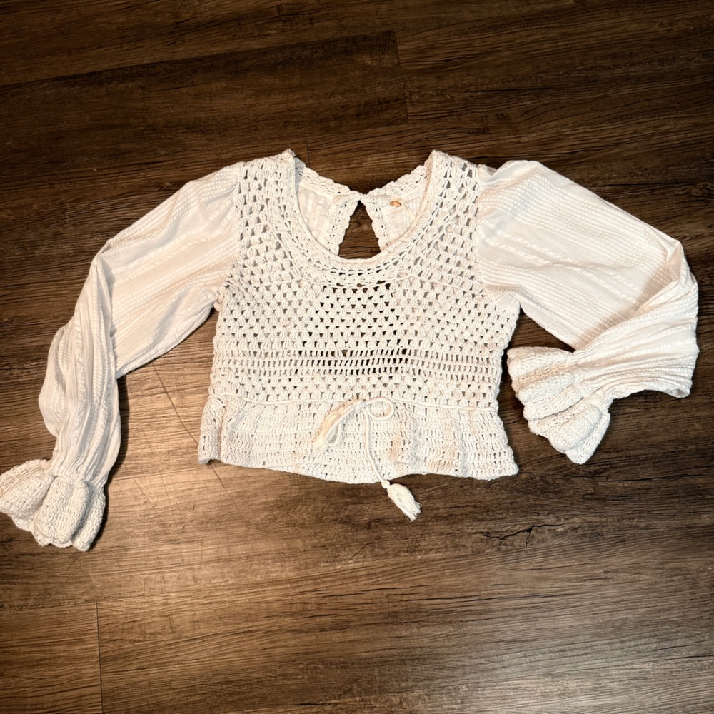 Free People Cream Crochet Peasant Blouse with Balloon Sleeves